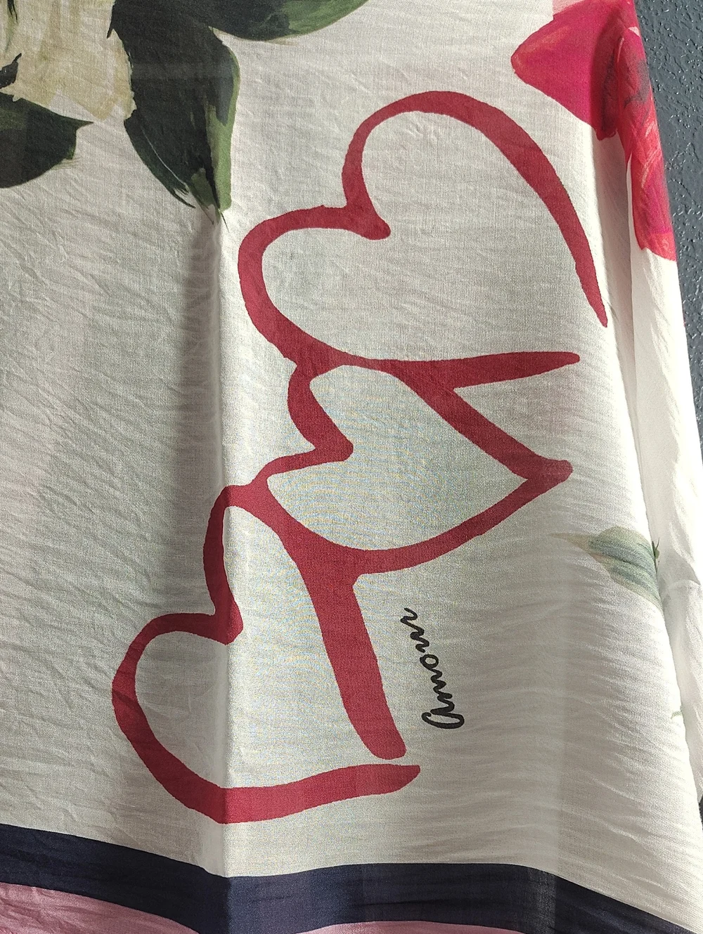 Talbots Pink, White & Navy Modal Lightweight Rose Heart Love Scarf with Fringe